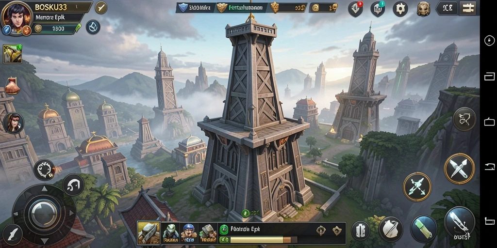 Tampilan gameplay yang mendebarkan dari BOSKU33 dengan grafis menara dan musuh.