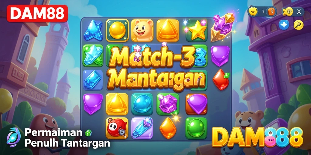 Tangkapan layar utama DAM88 menampilkan gameplay seru dan tantangan Match-3 yang menarik.