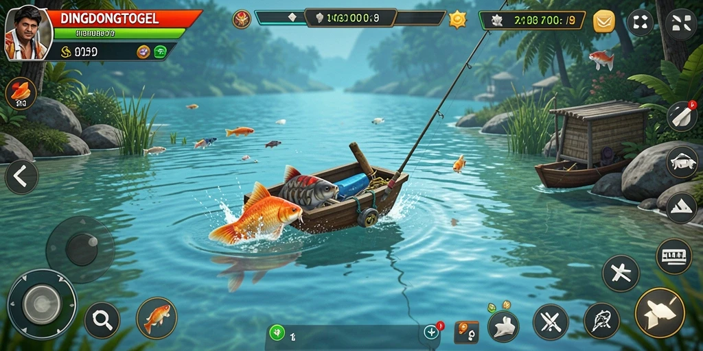 Tampilan gameplay seru dalam DINGDONGTOGEL dengan aktivitas memancing.