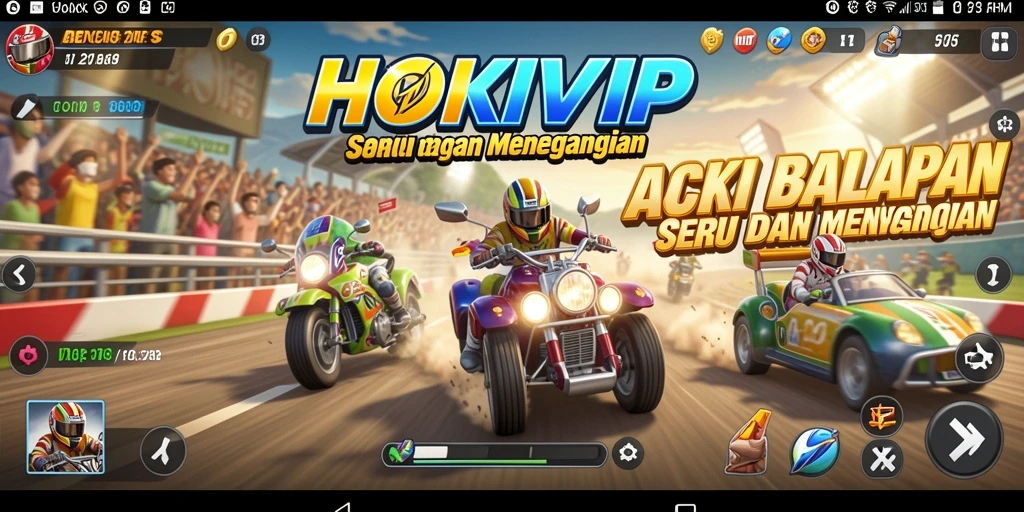 Screenshot gameplay HOKIVIP yang menampilkan aksi balapan seru dan kendaraan cepat.